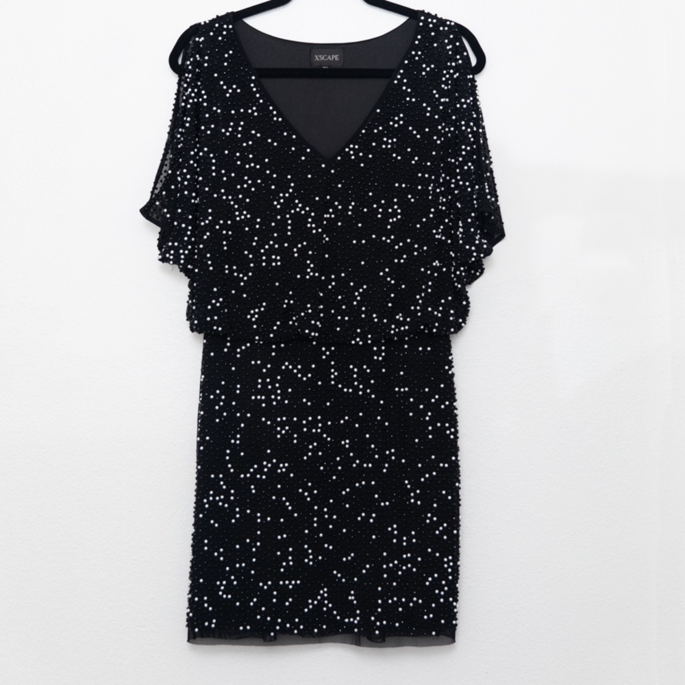 XSCAPE Black and White Beaded cocktail dress